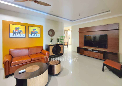 Bedroom one of TS No 17/1 TrustedStay Service Apartment in Banjara Hills Hyderabad